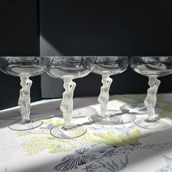 4 pc Bayel Crystal Frosted Bacchus Male Figure Champagne Glasses | See video - Picture 10 of 16